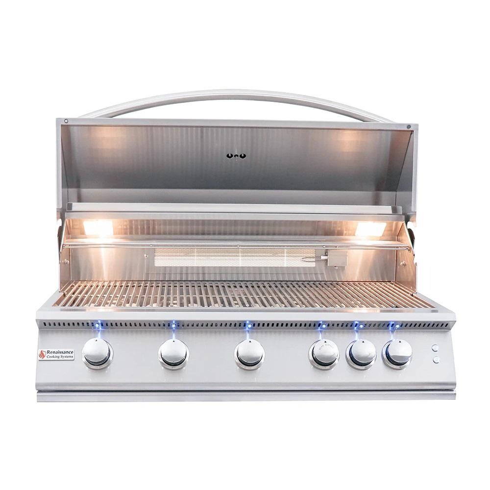 RCS Premier Series RJC40AL 40-Inch 5-Burner Built-In Natural Gas Grill With Rear Infrared Burner & Grill Lights - Hood Open