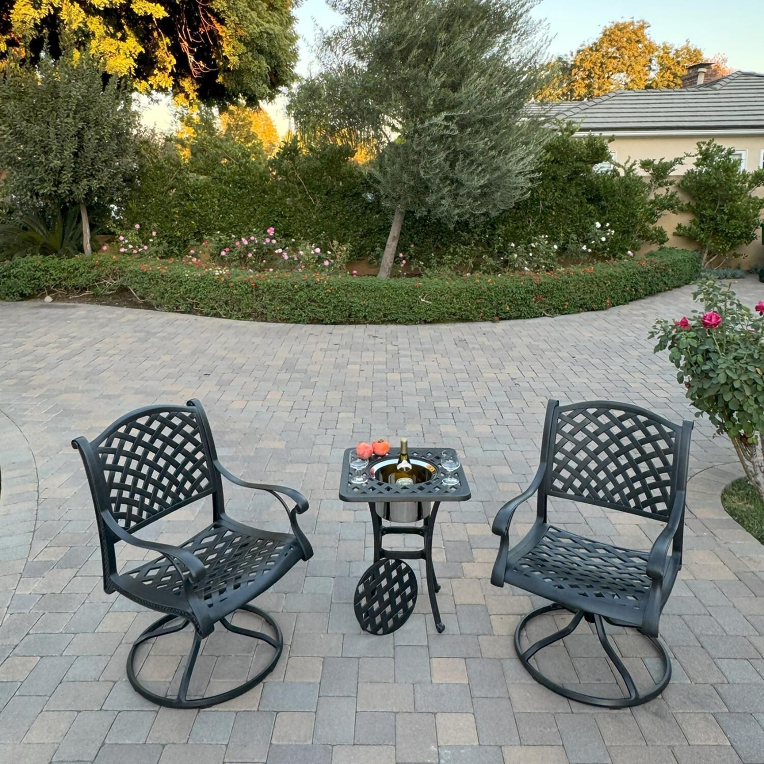 Darlee B/DL13-3PCR-30SQ-S Nassau 3 Pc Cast Aluminum Conversation Set w/ Rocker and Ice Bucket in Antique Bronze w/ Sesame Cushions - Set No Cushions - Lifestyle thumbnail