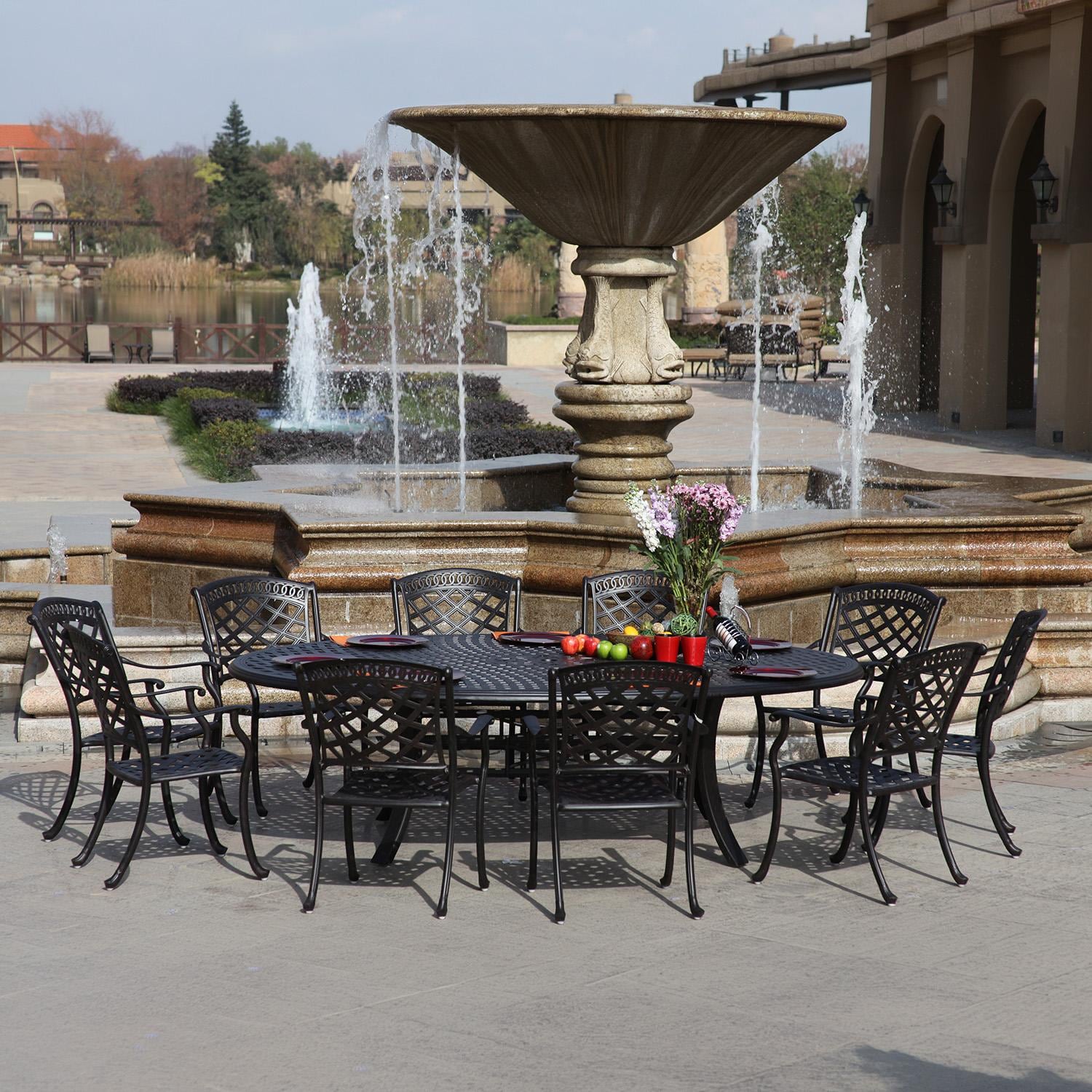 Sedona 11 Pc Cast Aluminum Dining Set w/ 96 X 69 Inch Oval Series 99 Table in Antique Bronze/Beige Canvas by Darlee