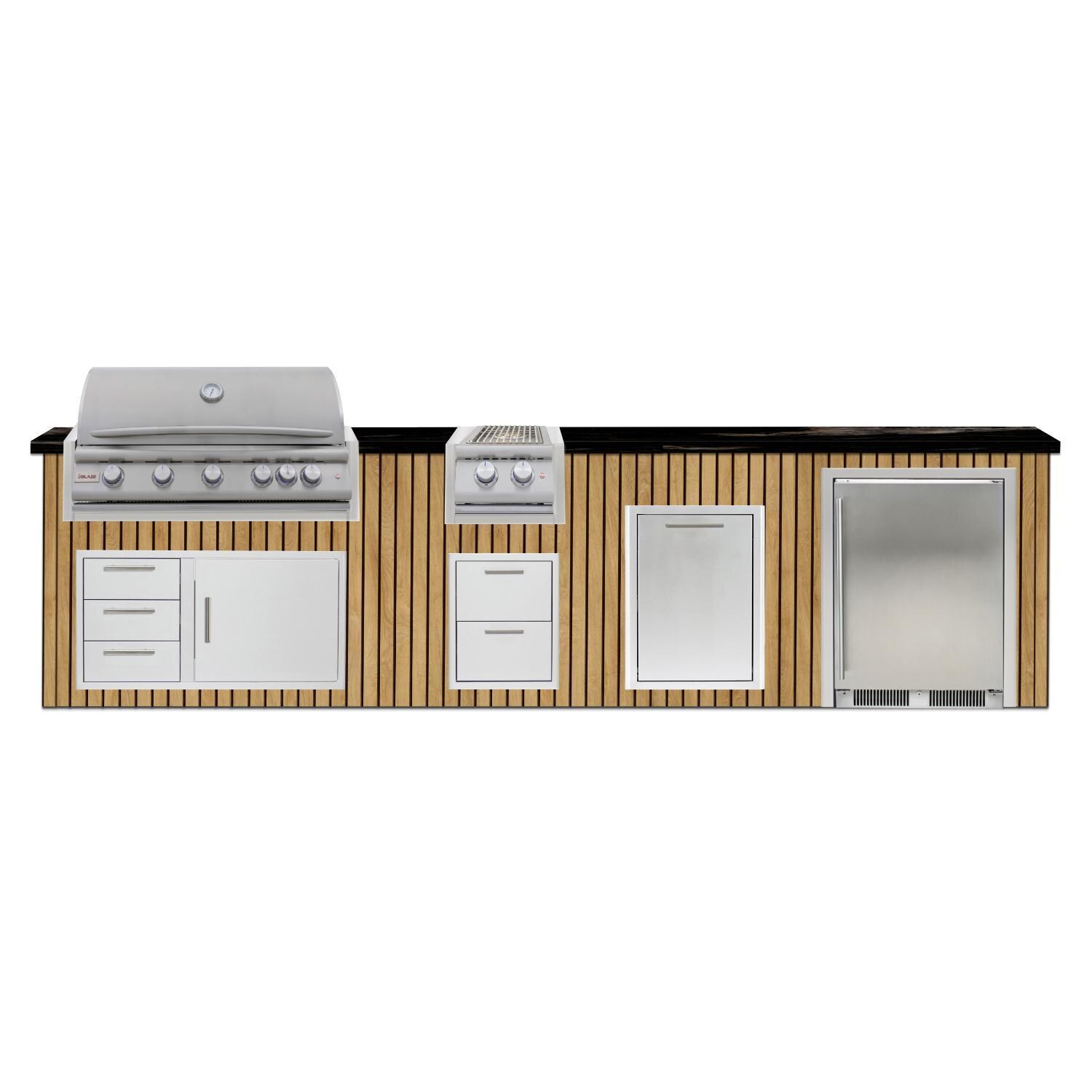 BBQGuys Signature 12 Ft Outdoor Kitchen Island w/ 40-in Blaze LTE+ Natural Gas Grill & Double Side Burner, 24-in Refrigerator & Double Trash Bin | Sun Bleached Oak w/ Nero Mist Granite - Island - White Background thumbnail