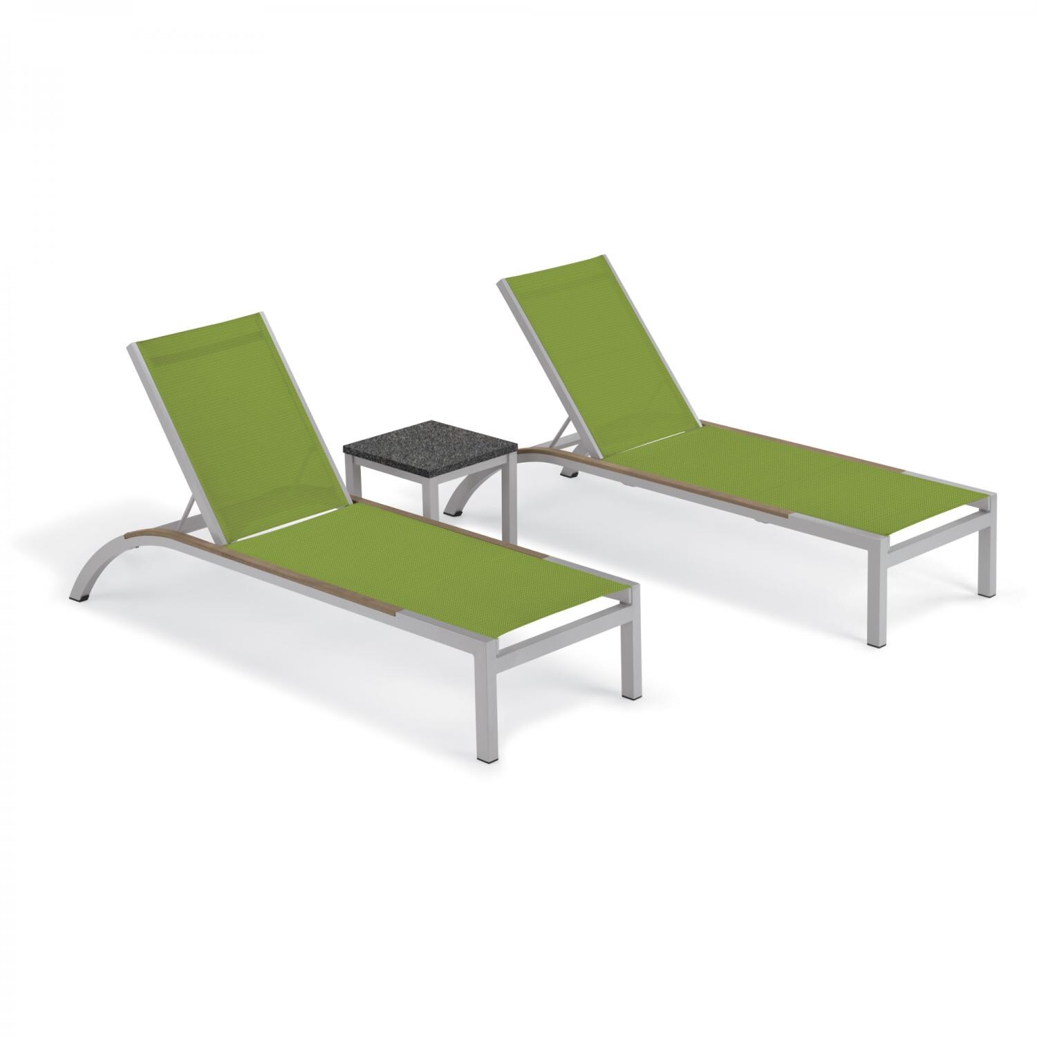 Argento 3 Piece Aluminum Patio Chaise Lounge Set W/ Tekwood Vintage Side Rails & Lite-Core Charcoal End Table By Oxford Garden - Go Green Sling