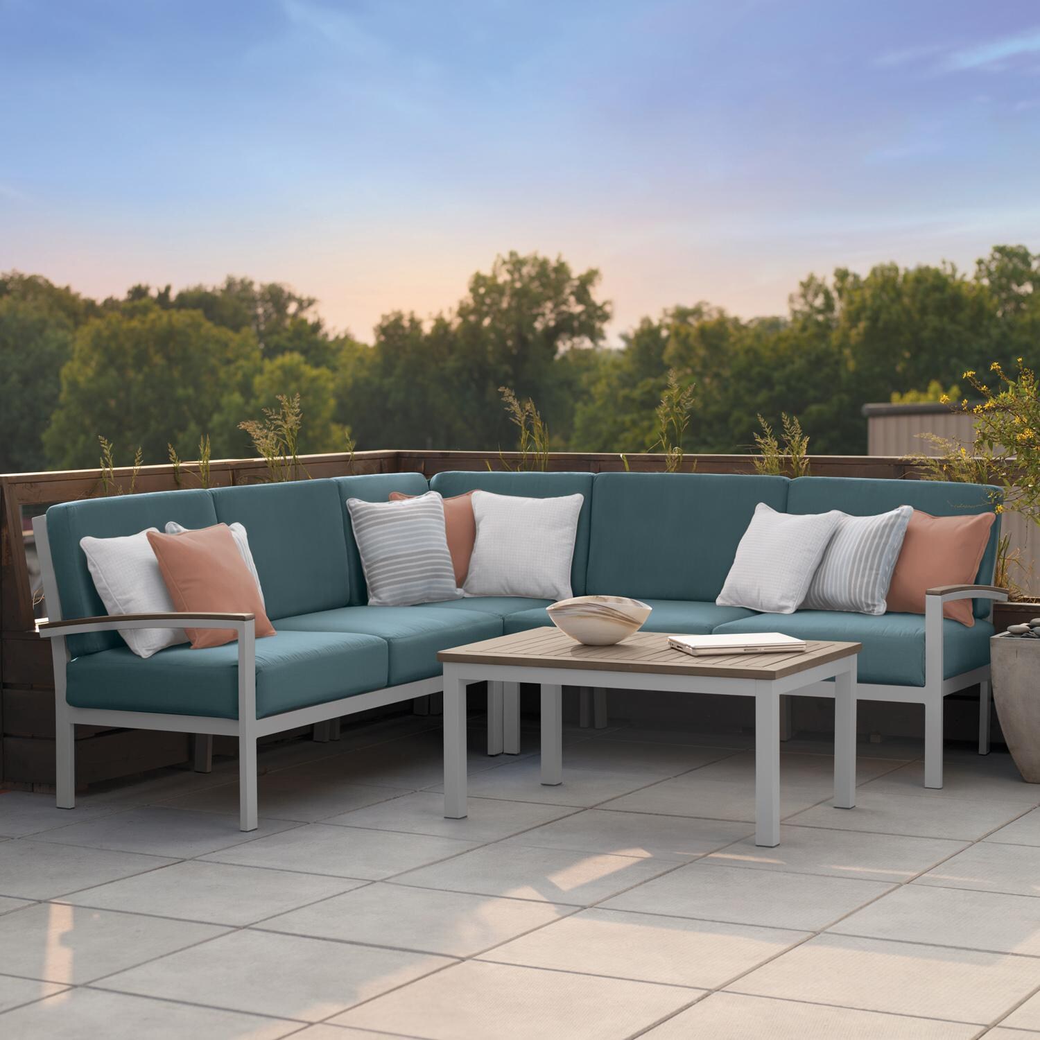 Oxford Garden Travira 2 Person Aluminum Modular Right Loveseat W/ Vintage Tekwood Arm Caps in Flint/Ice Blue - Rooftop thumbnail