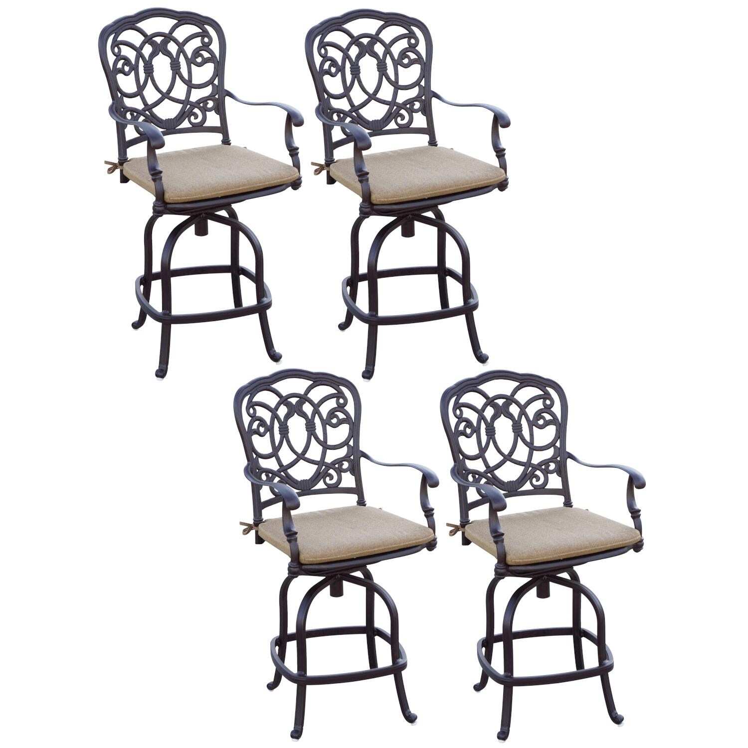 Darlee Florence 4 Piece Cast Aluminum Patio Counter Height Swivel Bar Stool Set W/ Sesame Cushions image