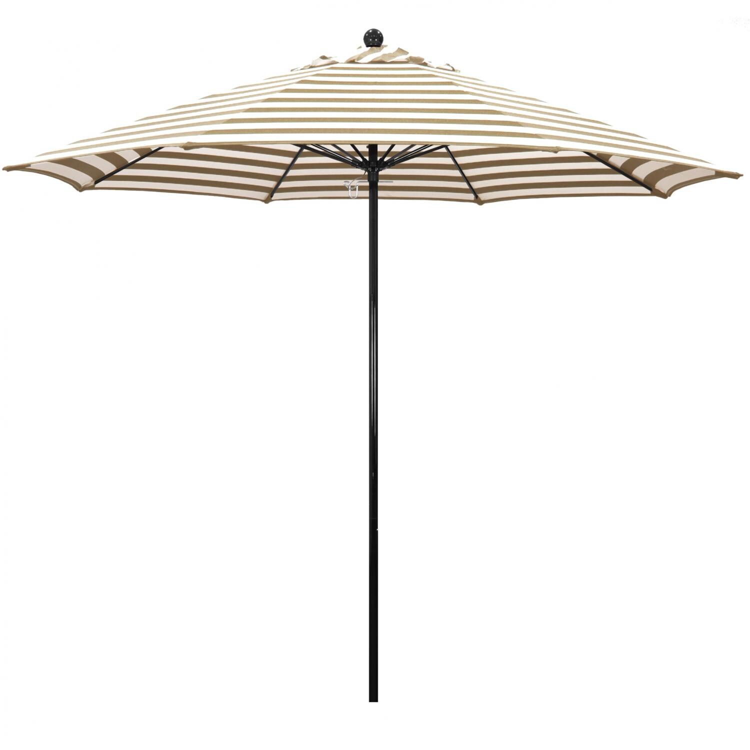 California Umbrella Oceanside Side 9 Ft Octagonal Fiberglass Patio Umbrella W Push Lift Black Frame Olefin Beige White Cabana Stripe Canopy Bbqguys