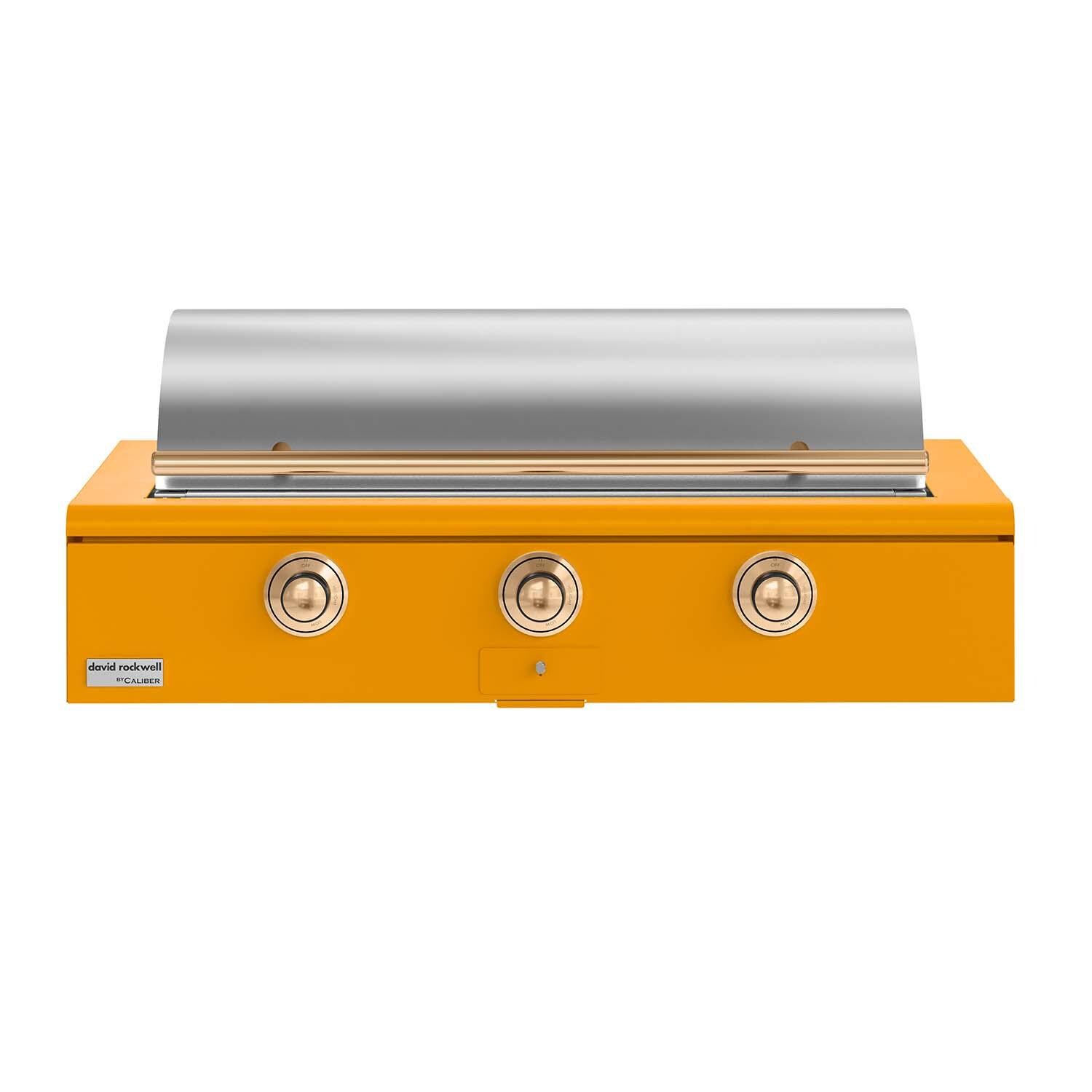 Caliber CRG-48BN00-A-103-H08 48-in Natural Gas Built-In Rockwell Grill - Saffron w/ Gold Hardware - Closed Lid - White Background thumbnail