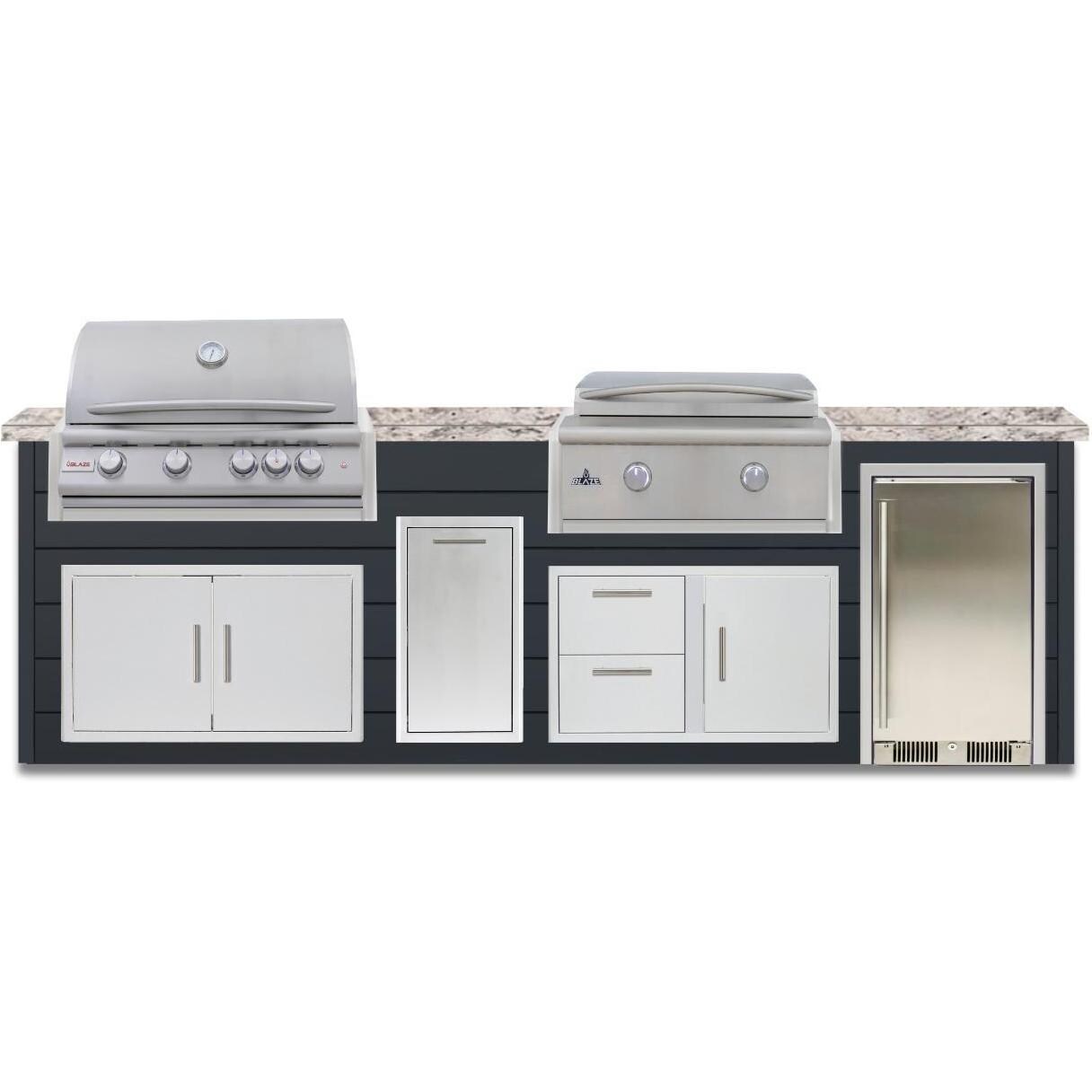 BBQGuys Signature 10 Ft Grill Island w/ 32-in Propane Blaze LTE+ Grill & Griddle, Narrow Trash Bin & Door & Drawer | Asphalt Gray w/ White Granite - Front - White Background thumbnail