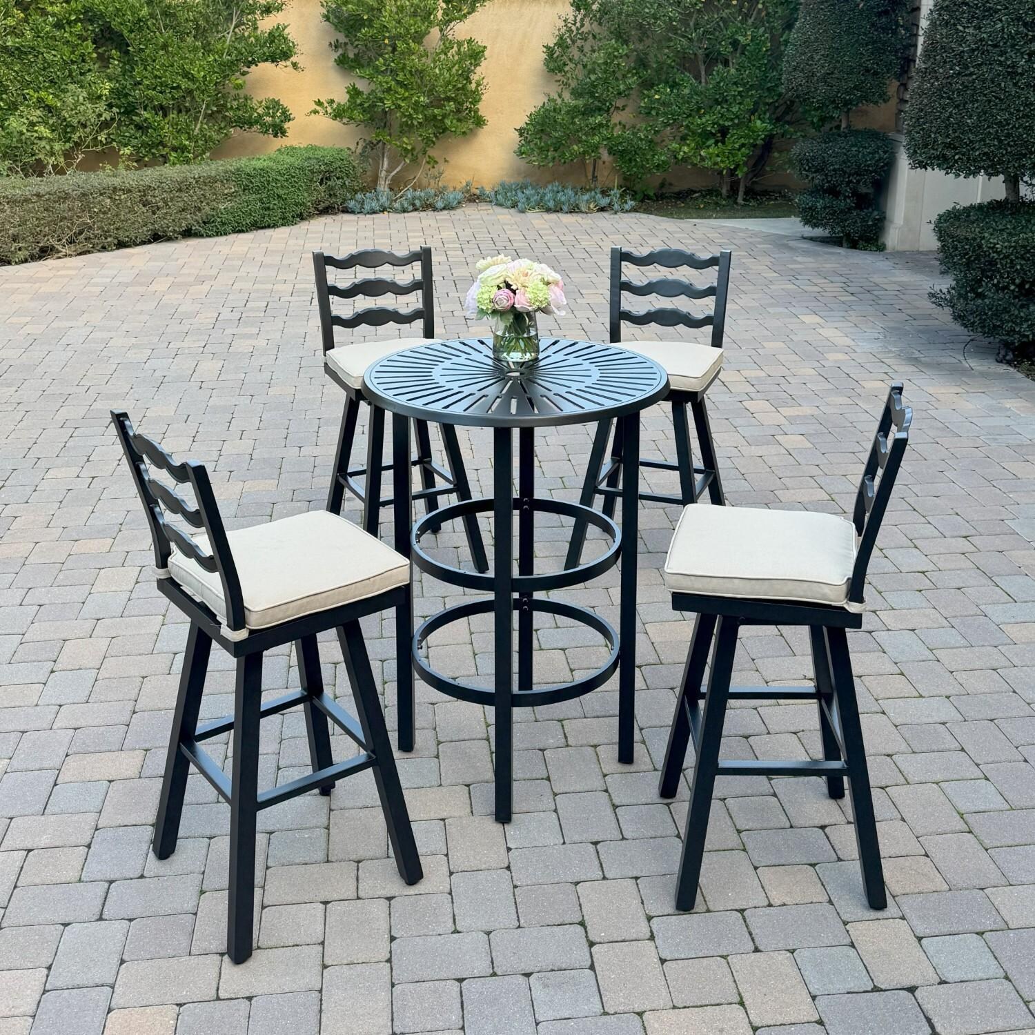 Aspen 4 Pc Aluminum Swivel Bar Height Bar Stool Set in Beige/Dark Brown by Darlee - Shown w/ Side Table (Not Included) - Lifestyle thumbnail