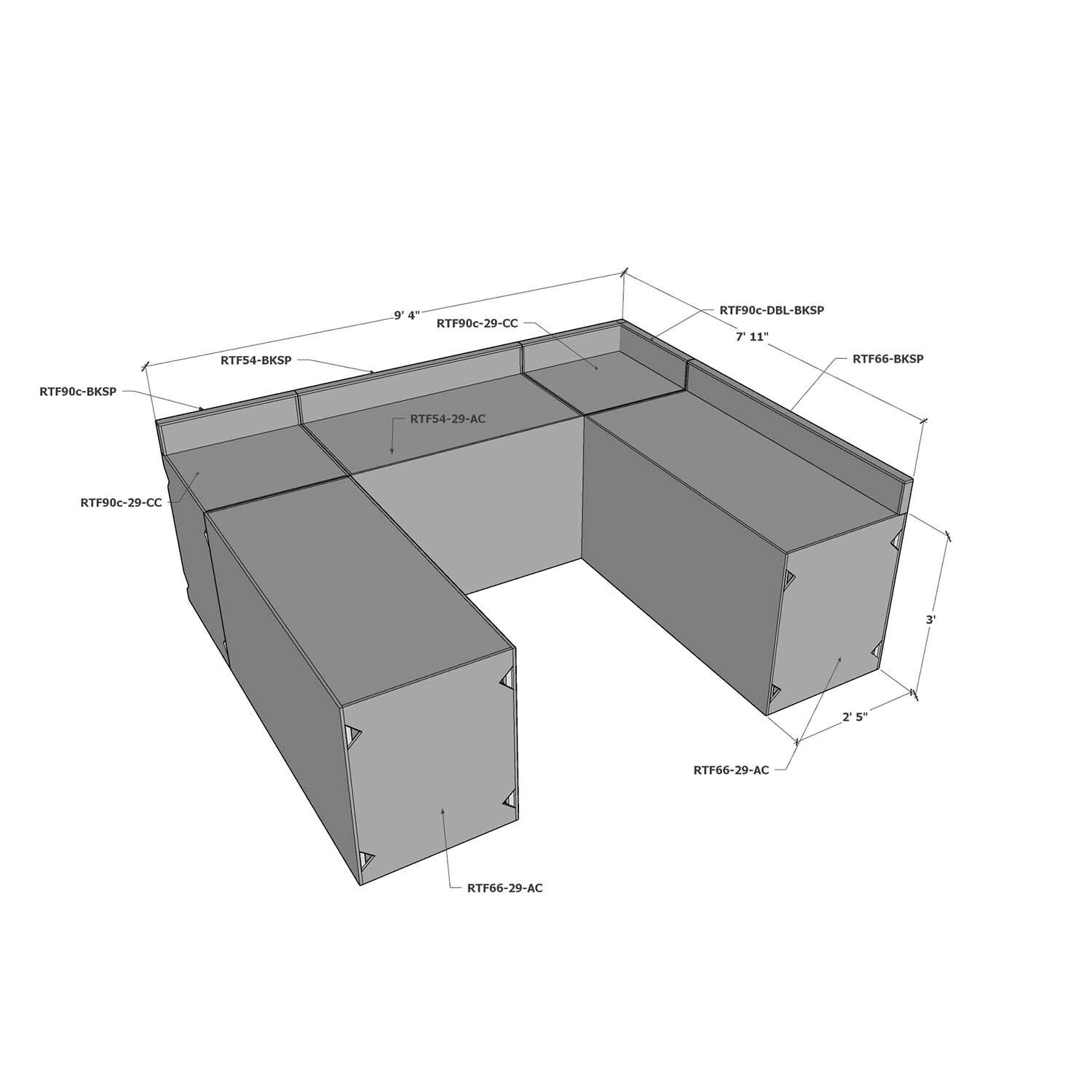 Universal 8 ft X 9.5 ft X 8 ft Ready To Finish U-Shaped Outdoor Kitchen System Appliance and Storage Cabinets W/Backsplashes On 2 Full Sides - Dimensional thumbnail