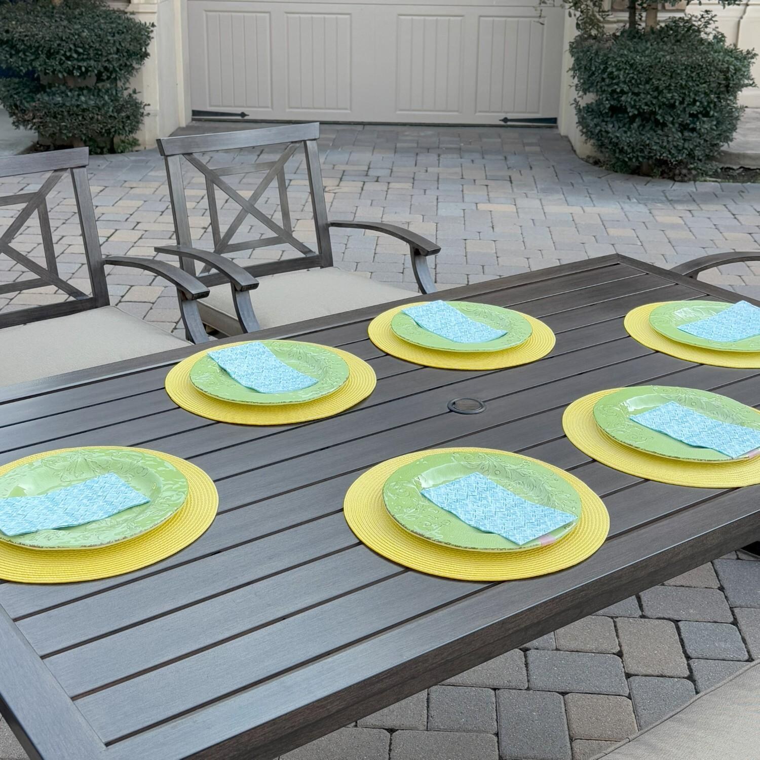 Atlantis 6 Pc Aluminum Dining Set w/ 4 Swivel Rocker Dining Arm Chairs & Two Person Bench in Walnut/Beige by Darlee - Table Angled - Lifestyle thumbnail