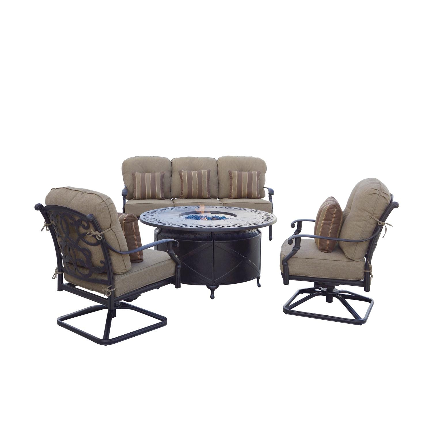 Darlee Santa Monica 4 Pc Cast Aluminum Fire Pit Seating Set w/ 47 Inch Table w/ Swivel Rockers & Throw Pillows in Antique Bronze/Beige Canvas by