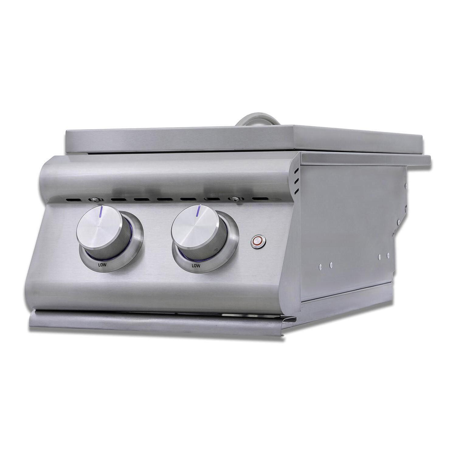 Blaze BLZ-SB2-LTEPLUS-NG LTE+ Natural Gas Stainless Steel Double Side Burner w/ Lid - Slight Angle w/ Lid - White Background thumbnail