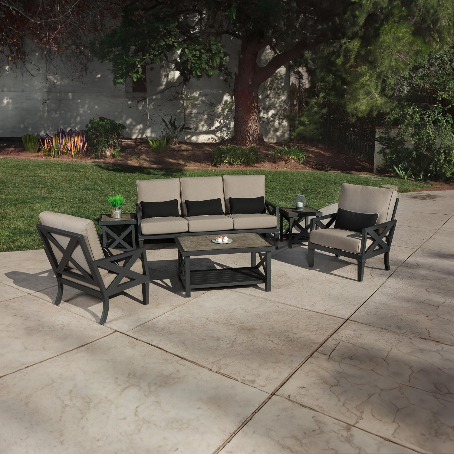 Lakeview Lake Charles 6 Piece Aluminum Patio Conversation Set W/ 46 X 24-Inch Rectangular Table & Cast Shale Cushions