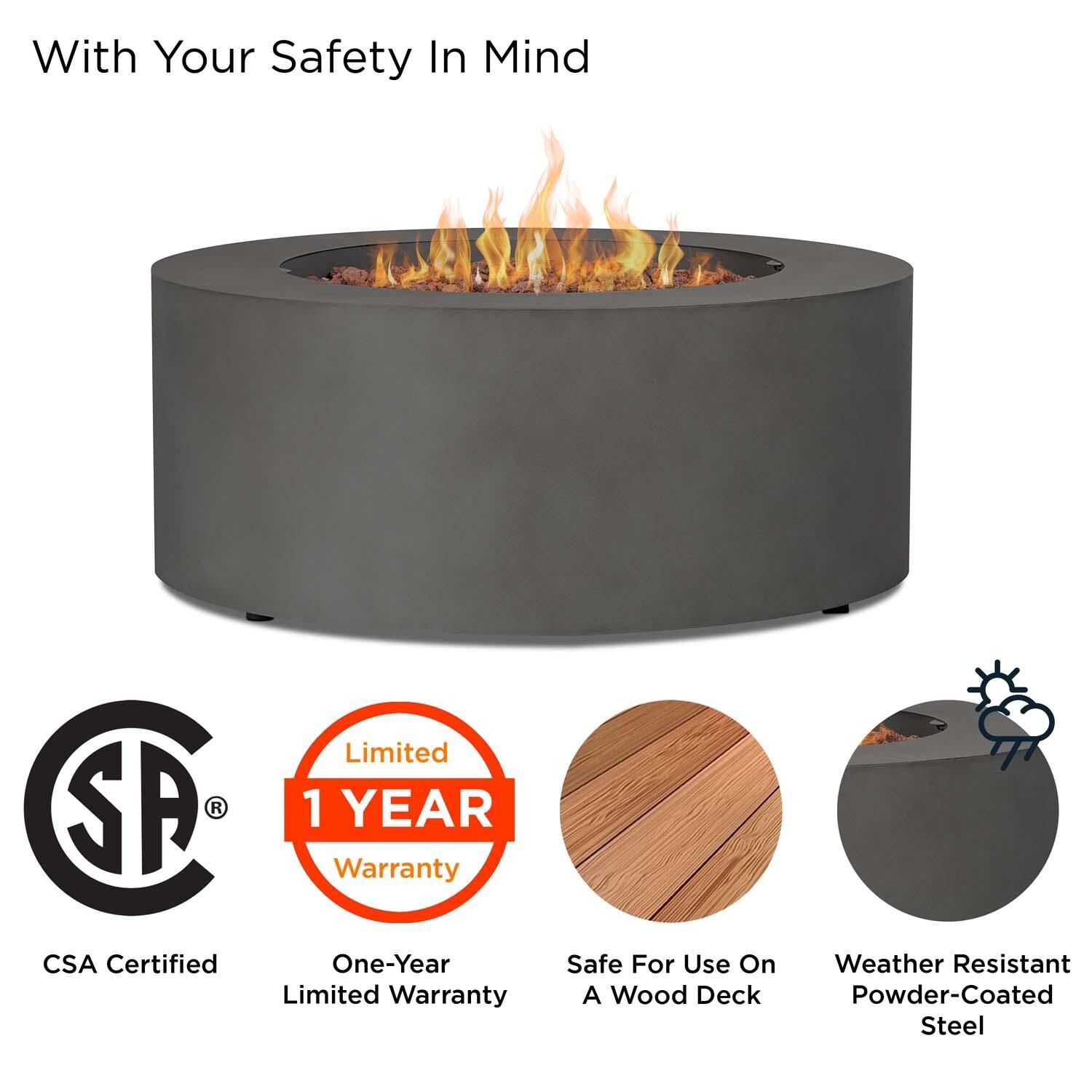 Elysian 36 Inch Round Powder Coated Steel Propane Fire Pit Table in Weathered Slate by Lakeview Outdoor Designs - Safety thumbnail