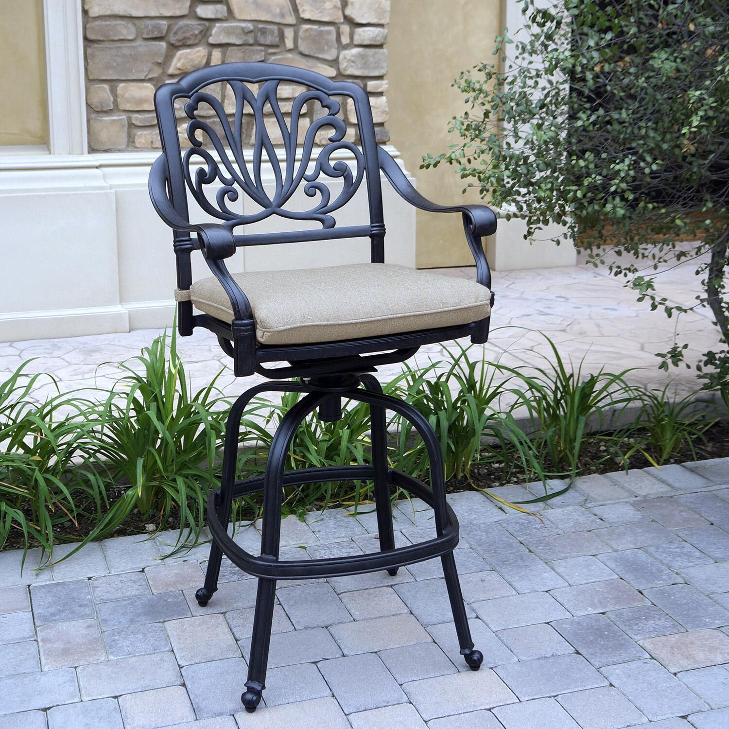 Darlee Elisabeth 5-Pc Cast Aluminum Counter Height Bar Set w/ 36-Inch Round Table in Antique Bronze/Beige Canvas - Single Stool - Lifestyle thumbnail