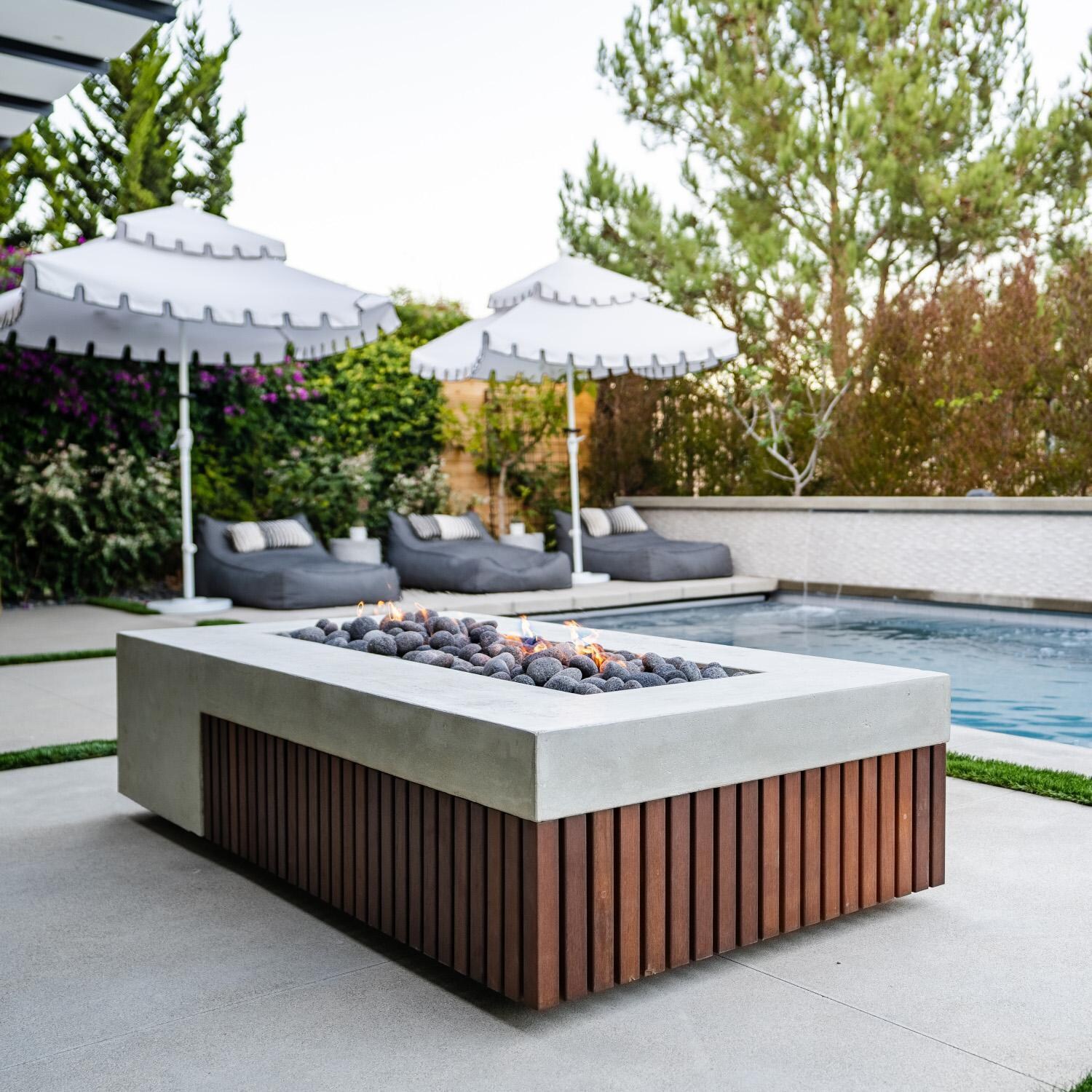 Prism Hardscapes SCPH-483-6LP Fairmount 72-in Rectangular Propane Gas Fire Pit Table - By the Pool (Shown in Natural) - Lifestyle thumbnail
