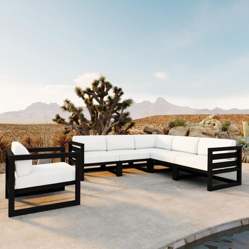 Lakeview Misty Cove 6 Pc Aluminum Sectional Set in Black w/Club Chair & Canvas Natural Cushions by Lakeview Outdoor Designs - On the Patio - Lifestyle thumbnail