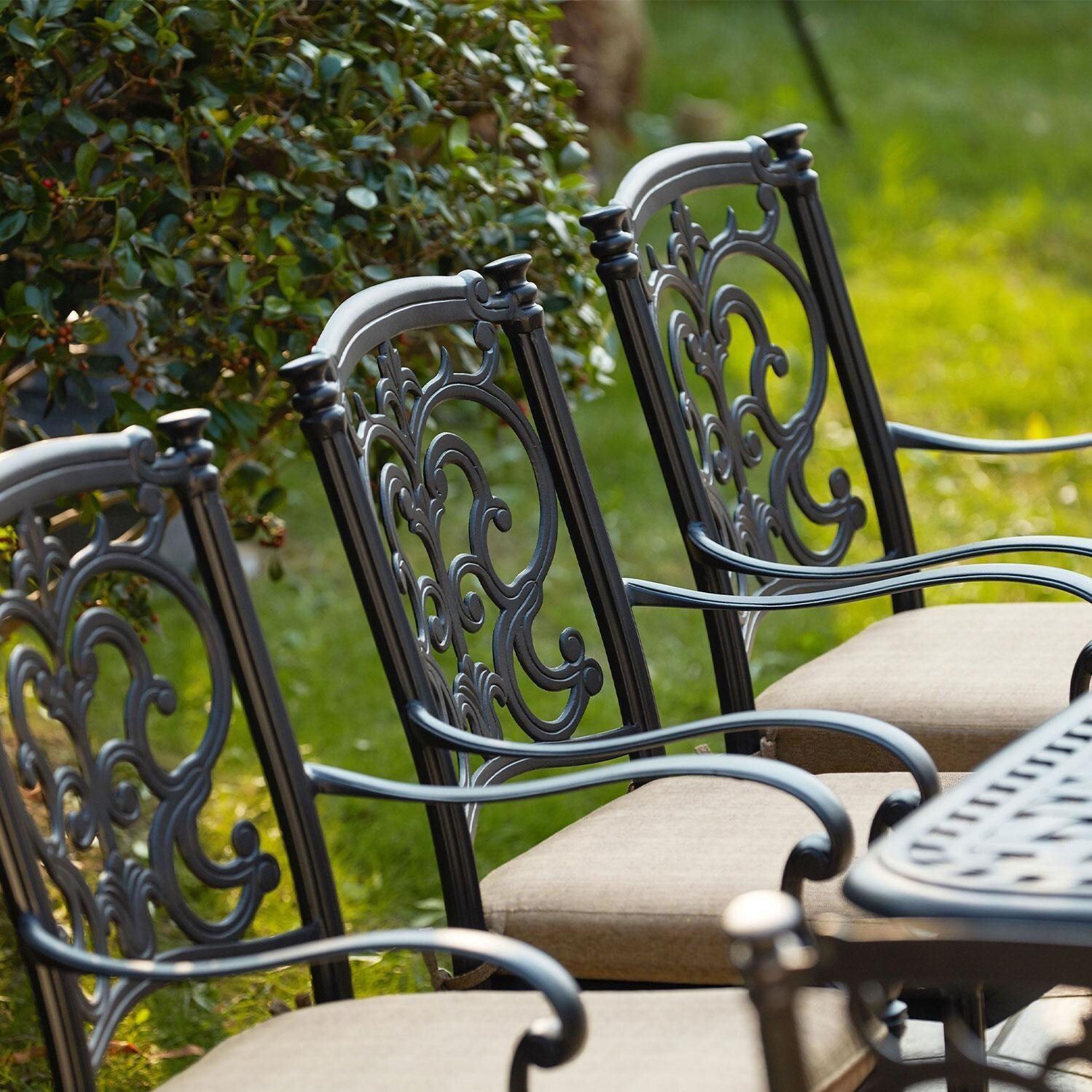 Darlee Santa Barbara 9 Pc Cast Aluminum Patio Dining Arm Chair Set w/ 92 X 42 Inch Rectangular Table & Beige Canvas Cushions - Dining Arm Chair - Lifestyle thumbnail