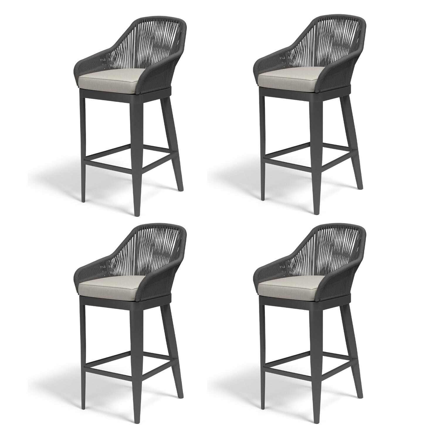 Milano 4 Piece Olefin Rope & Aluminum Patio Barstool Set W/ Sunbrella Echo Ash Cushions By Sunset West