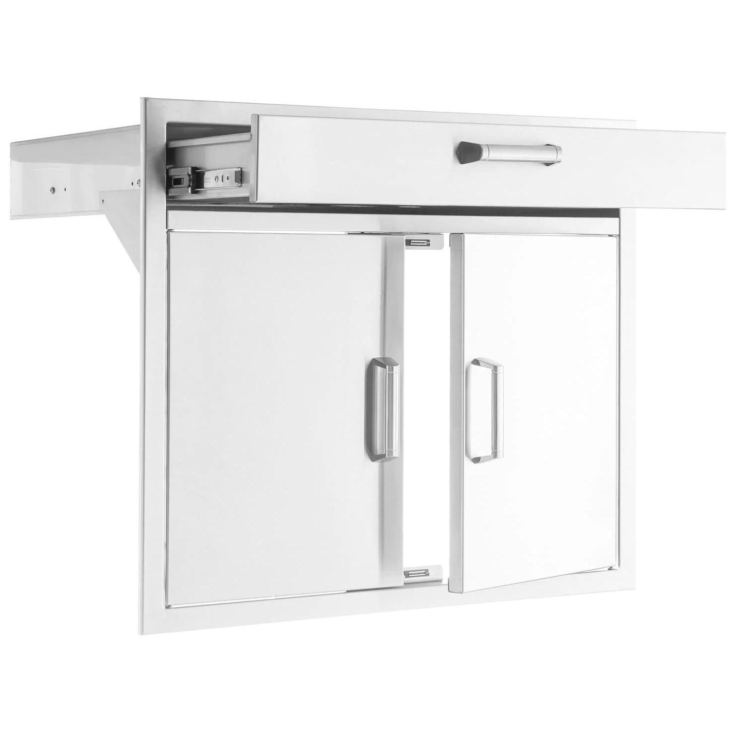 BBQGuys Signature 30-Inch Stainless Steel Double Door & Single Drawer Combo - Contempo - Drawer and Door Open - White Background thumbnail