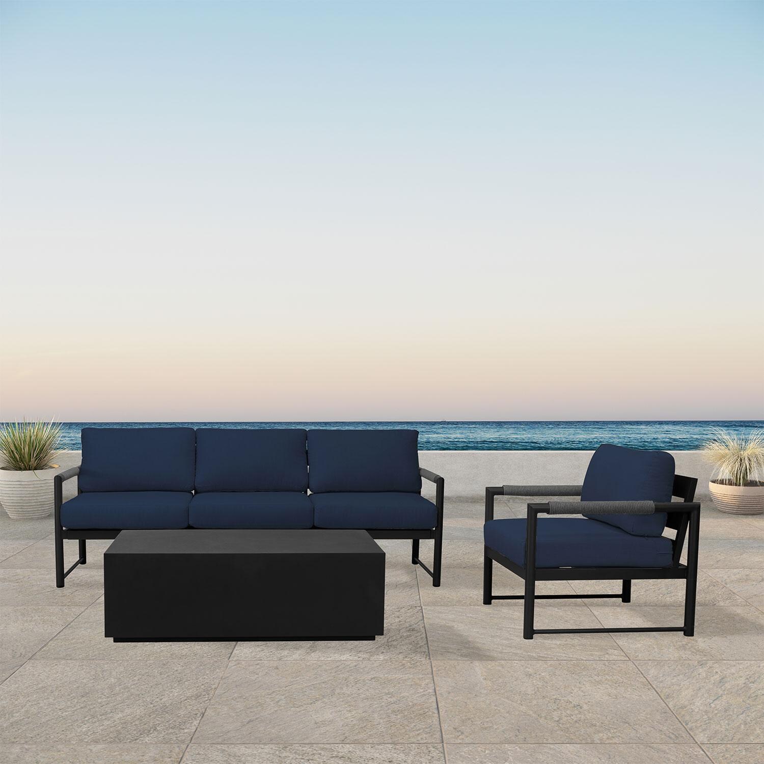 Lakeview AVEBAY-BK-CO-SET130-IN Avenue Bay Black/Carbon 3 Pc Sofa Set - Spectrum Indigo - On Patio - Lifestyle thumbnail