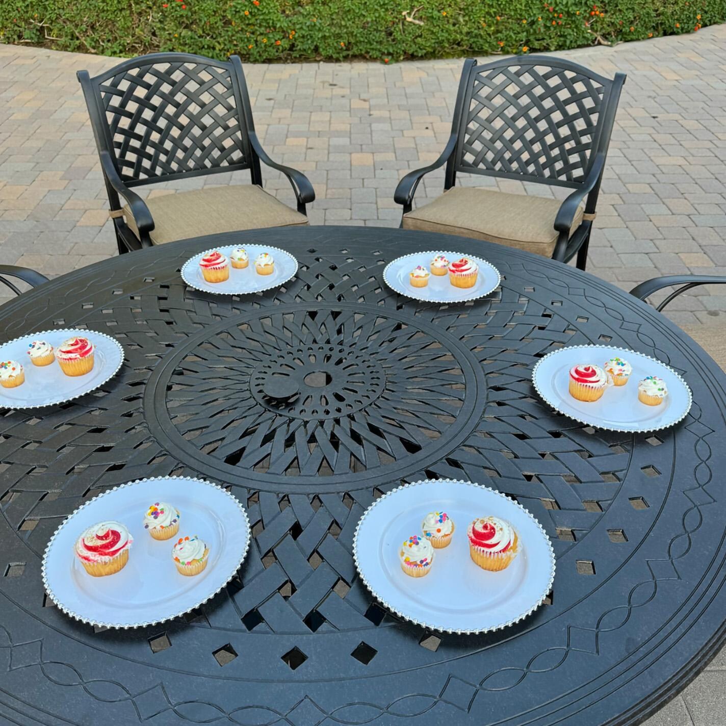 Darlee B/DL13-7PC-26D-S Nassau 7 Pc Cast Aluminum Dining Set in Antique Bronze w/ Sesame Cushions - Table Setting - Lifestyle
