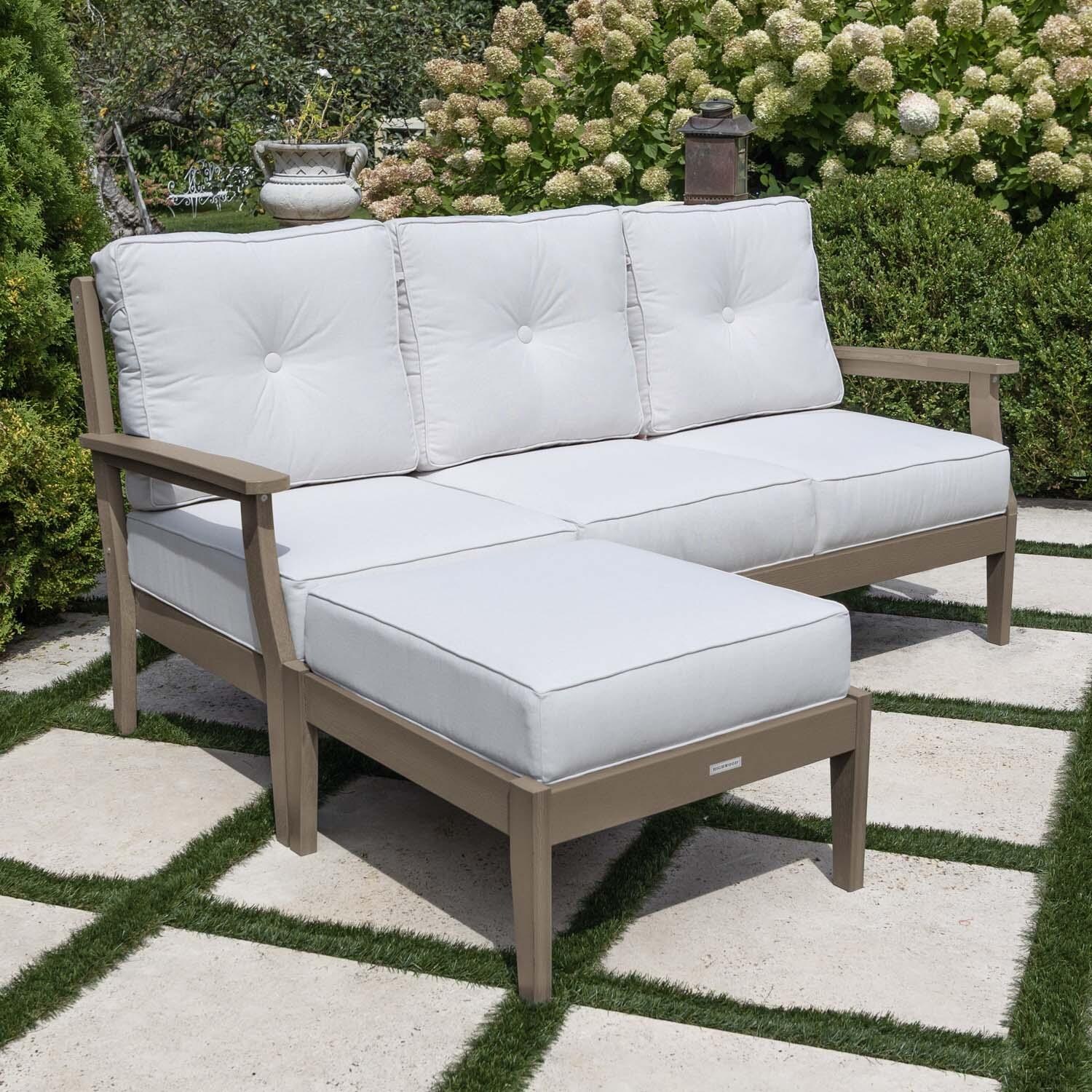 Blushing Bay 2 Pc Recycled Plastic Seating Set in Bliss Linen/Woodland Brown by Lakeview Outdoor Designs - Angled View - Lifestyle thumbnail