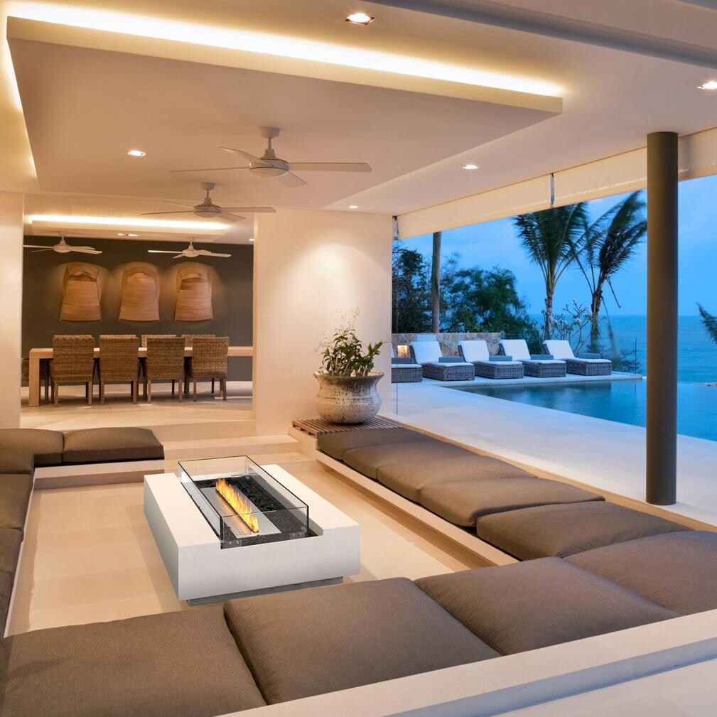 EcoSmart Fire ESF.O.CMO.50.NF Cosmo 50 Inch Stainless Steel Burner Rectangle Teak Ethanol Pit Table in Natural Teak - Line Drawing From Above - Dimensional thumbnail