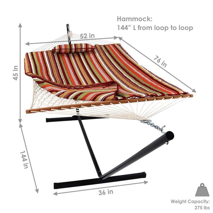 Ultimate Patio Rope Hammock w/ 12-Foot Stand, Pad, & Pillow - Tropical Orange Stripe - Dimensions thumbnail