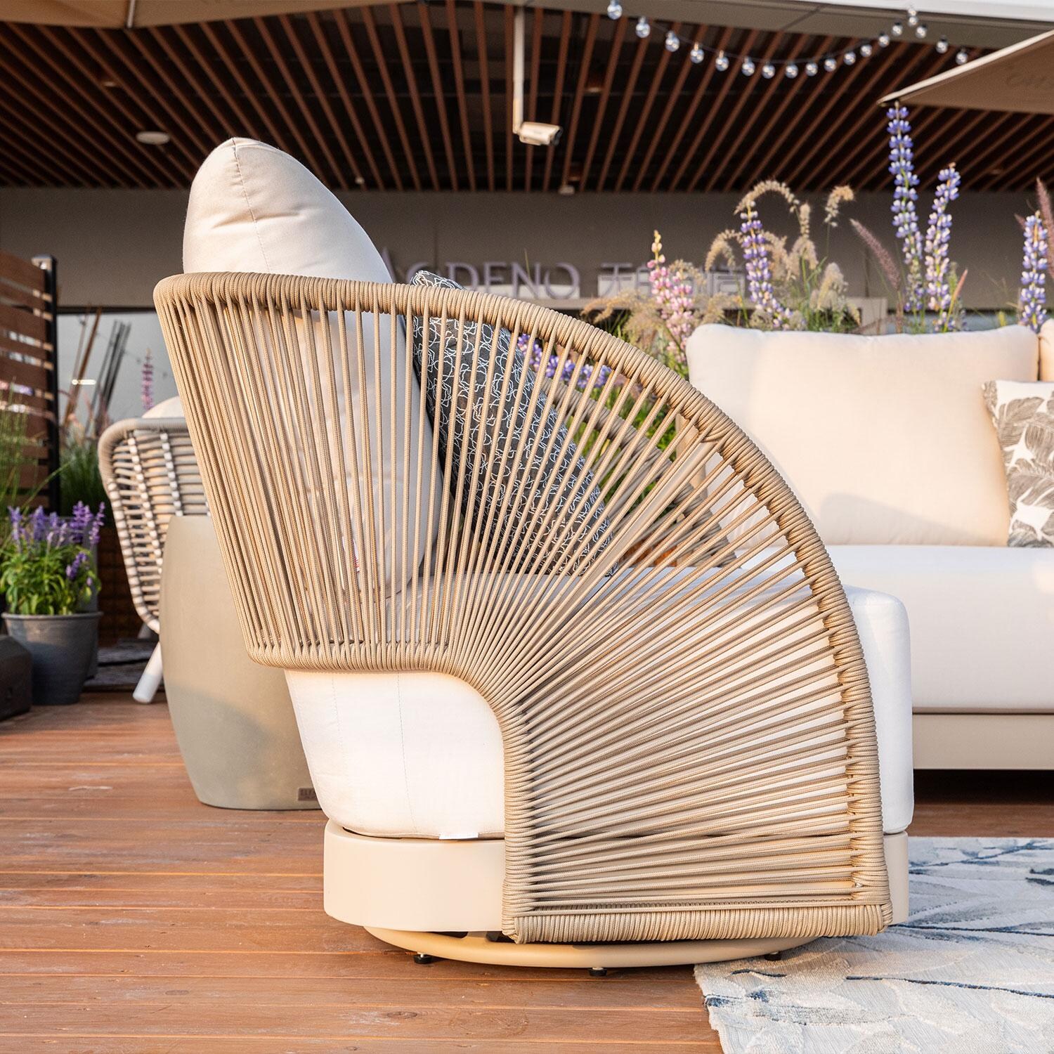 Elementi OS-2502W Malibu Outdoor Aluminum Swivel Club Chair w/ Sunbrella Cushions - Side View - Lifestyle thumbnail