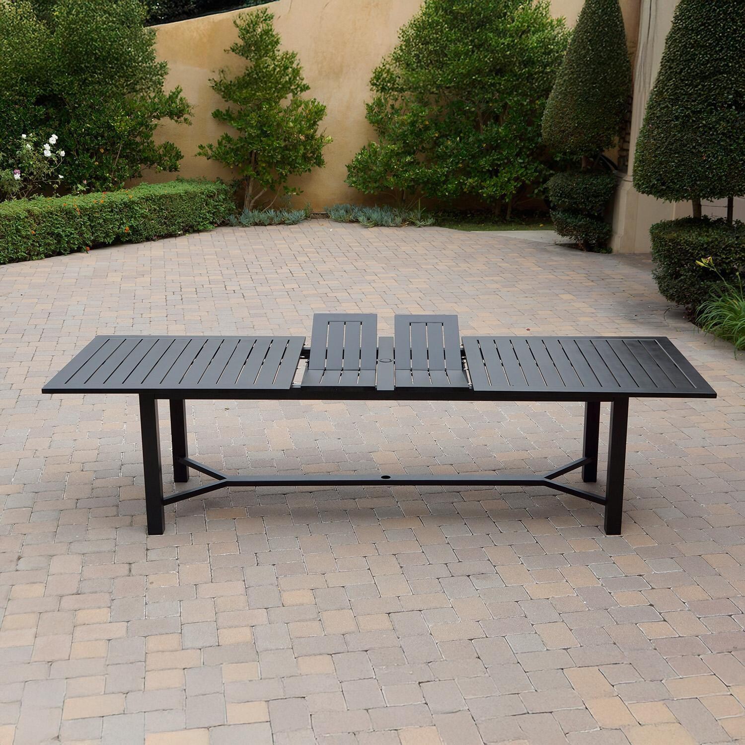 Darlee B/DL13-11PCD-2350LE-R Nassau 11 Pc Cast Aluminum Dining Set in Antique Bronze w/ Red Cushions - Table Side View w/ Extension - Lifestyle thumbnail