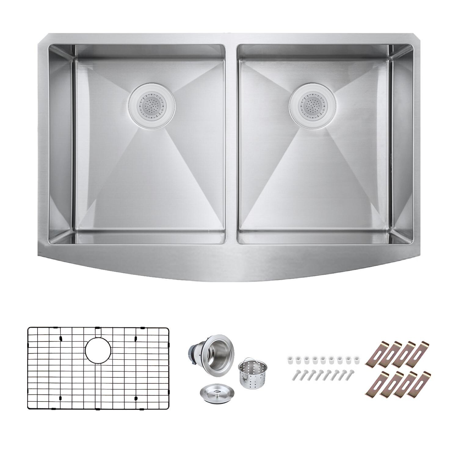 BBQGuys Signature Farmhouse Bowed Apron Double Bowl Stainless Steel 36-Inch Sink W/Grids and Strainer thumbnail