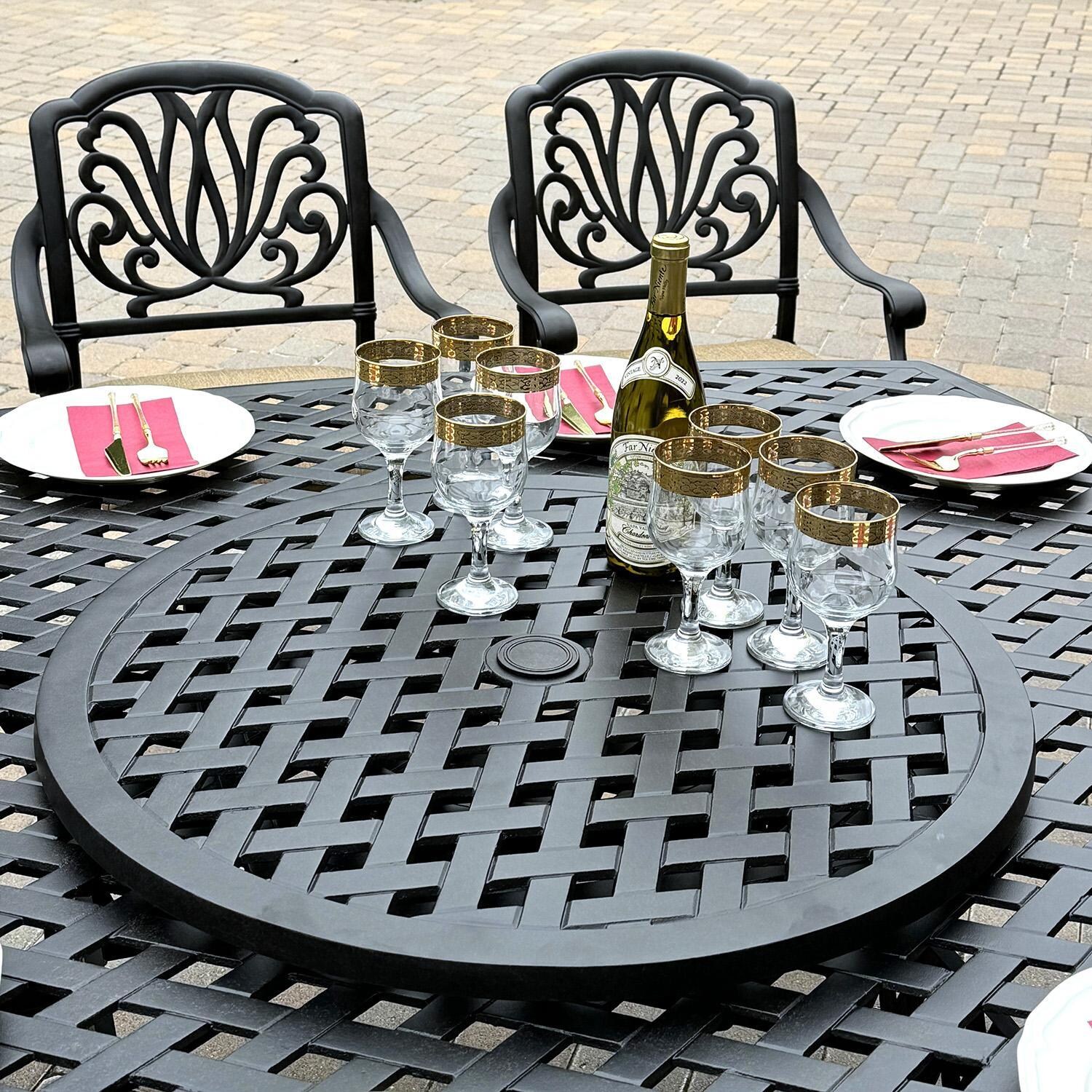 Darlee Elisabeth 10 Pc Cast Aluminum Dining Set w/ 64 Inch Series 30 Table & 4 Swivel Rockers in Antique Bronze/Beige Canvas - Lazy Susan - Lifestyle thumbnail