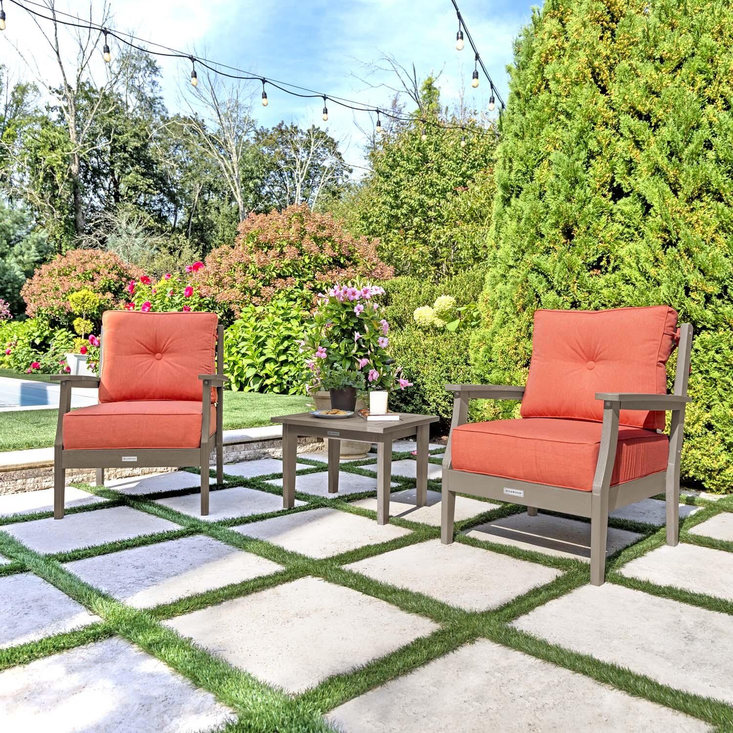 Blushing Bay 3 Pc Recycled Plastic Seating Set in Canvas Persimmon/Woodland Brown by Lakeview Outdoor Designs - Angled Right - Lifestyle thumbnail