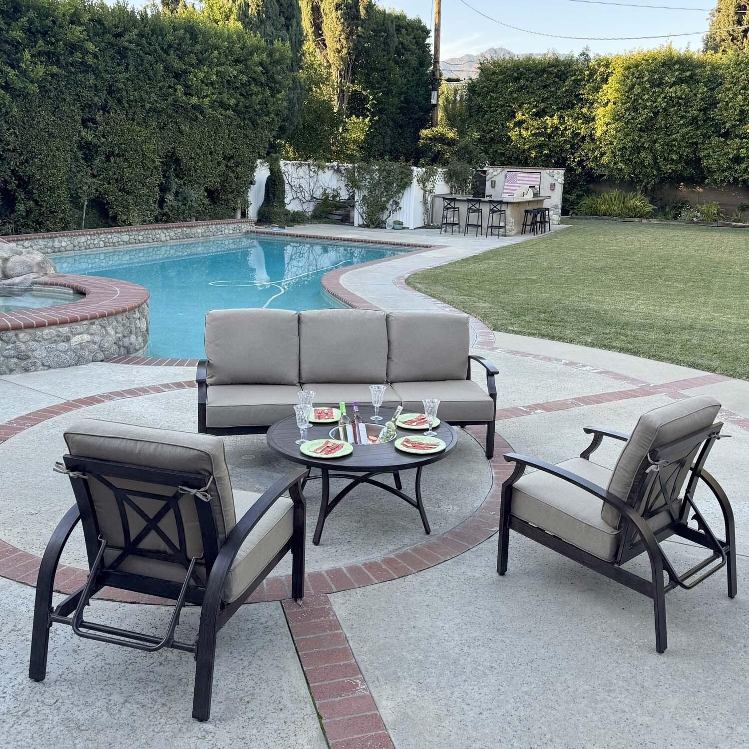 Atlantis 4 Pc Aluminum Seating Set w/ Round Ice Bucket Chat Table in Walnut/Beige by Darlee