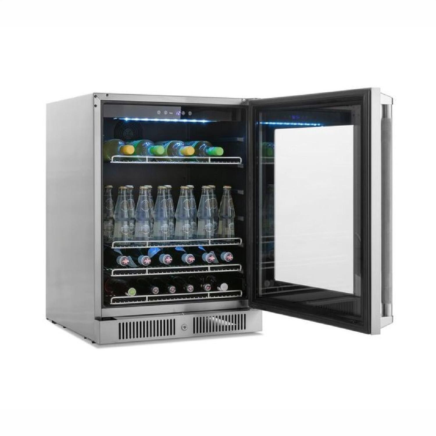NewAge Products 67914 Classic Series 10 1/2 Ft Outdoor Kitchen Island w/ 36-in Propane Grill, Glass Door Refrigerator, Trash Bin, Door & Drawer in Grove/Stainless Steel - Fridge Open - White Background thumbnail