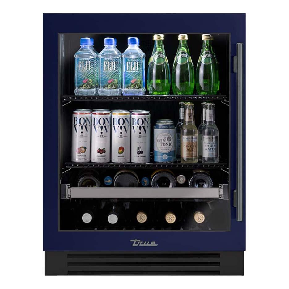 True TUBADA-24-LG-A~078-H05 ADA Height 24 Inch 105 Can 12 Bottle Left Hinge Glass Door Outdoor Beverage Center - Cobalt w/ Pewter Handle - White Background thumbnail