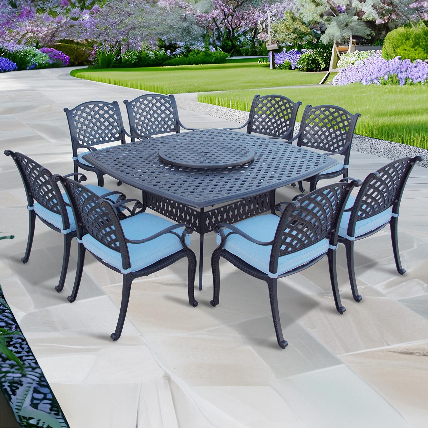 Darlee Nassau 10-Piece Patio Dining Set with Sky Blue Cushions and 64 Inch Square Dining Table and Lazy Susan - Set - Lifestyle thumbnail