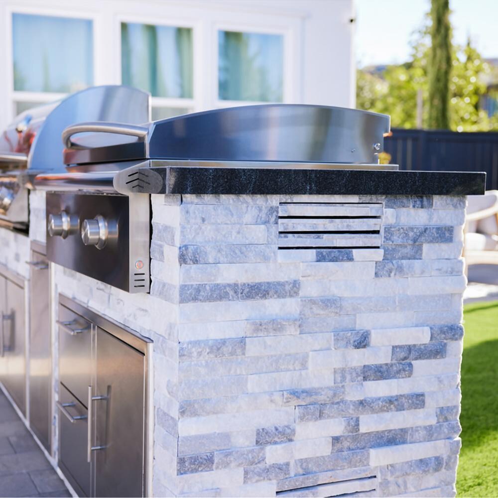 BBQGuys Signature 8 Ft Grill Island w/ 32 Inch Natural Gas Blaze Premium LTE+ Grill & Griddle, Narrow Trash Bin & Door & Drawer | Alaska Gray w/ Black Granite - Vent - Lifestyle thumbnail