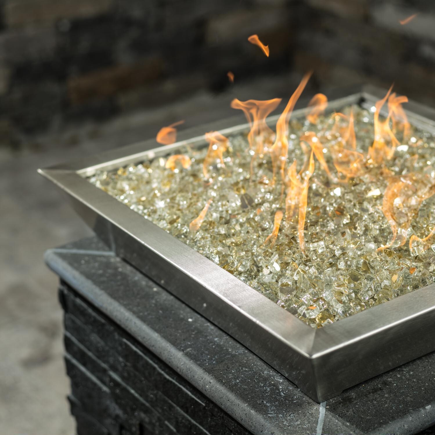 BBQGuys Signature Series Westfalen 24-Inch Square Low-Rise Natural Gas Fire Bowl - Stainless Steel - Top In Use- Shown with 1/2 inch White Gold Reflective Fire Glass thumbnail