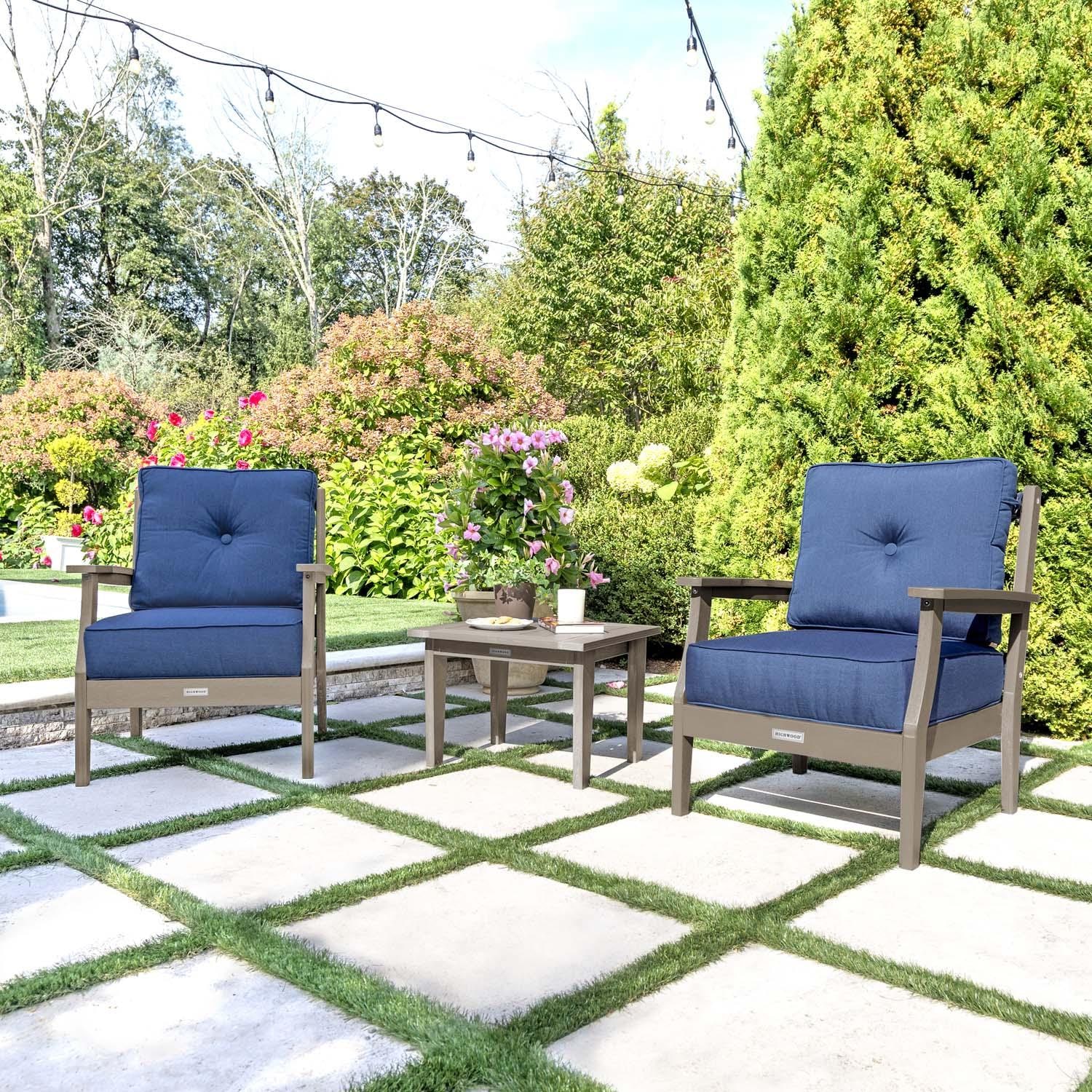 Blushing Bay 3 Pc Recycled Plastic Seating Set in Spectrum Indigo/Woodland Brown by Lakeview Outdoor Designs - Angled Right - Lifestyle thumbnail