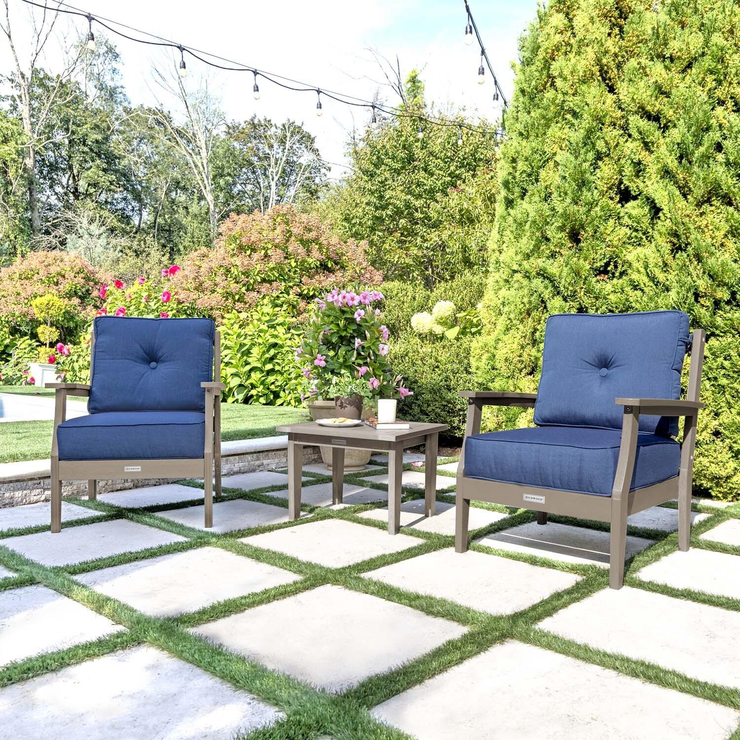 Blushing Bay 3 Pc Recycled Plastic Seating Set in Spectrum Indigo/Woodland Brown by Lakeview Outdoor Designs - Angled Right - Lifestyle thumbnail