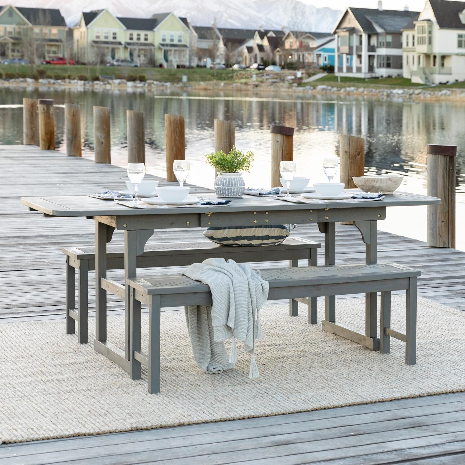 Walker Edison Vincent 3 Piece Acacia Patio Dining Set W/ 55-79 X 35 Inch Extension Rectangular Table - Grey Wash image