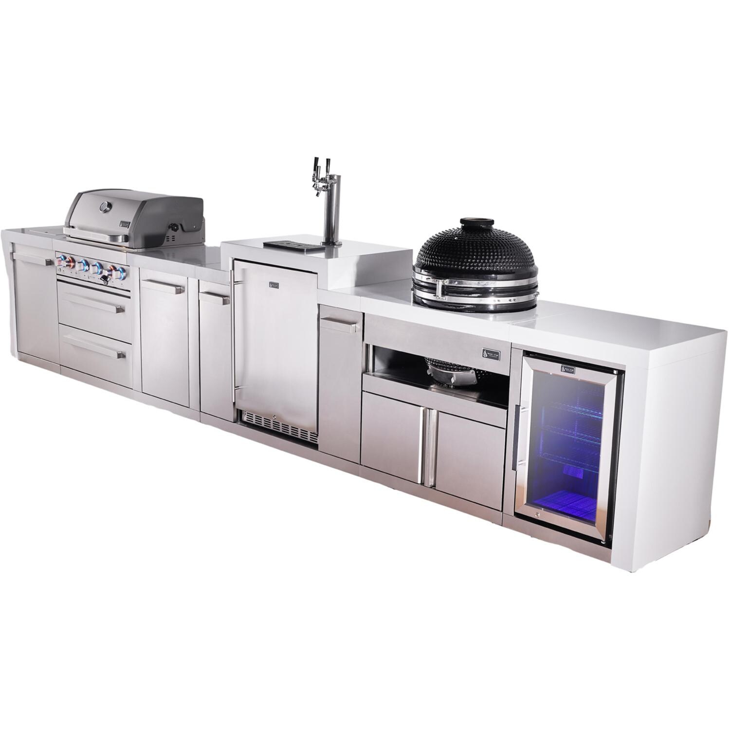 Mont Alpi Deluxe Series 15 1/2 Ft Propane Outdoor Kitchen Island w/ 32-in Grill, Side Burner, Kegerator, Fridge, Kamado Module & Extra Door - MAi400-DKEGFCKAMXL - Angled Right - White Background thumbnail