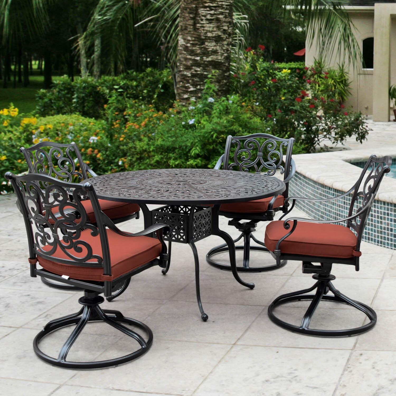 Villa Flora 5 Piece Cast Aluminum Patio Dining Set W/ Round Table, Swivel Rockers & Sunbrella Canvas Henna Cushions By Lakeview Outdoor Designs