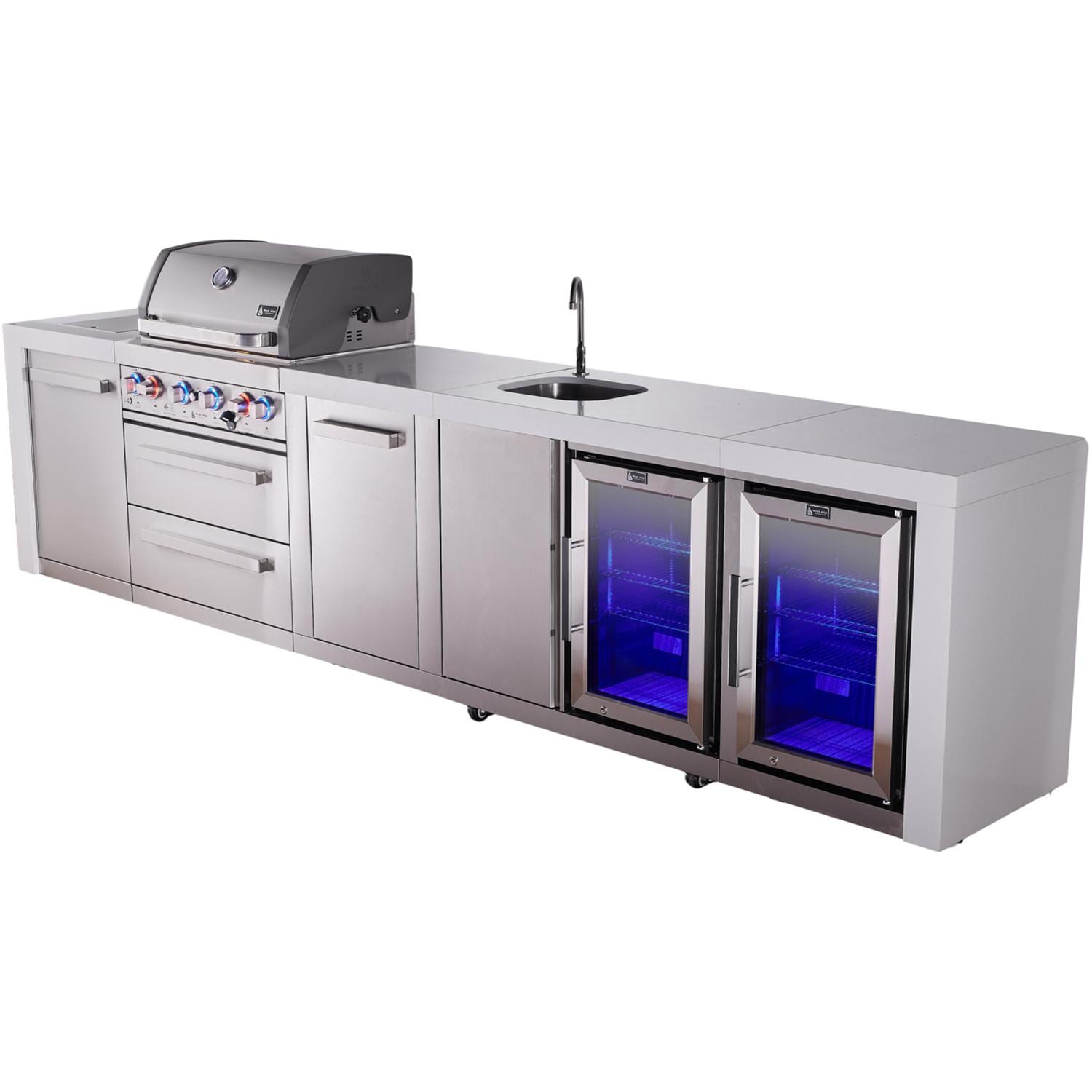 Mont Alpi Deluxe Series 12 Ft Natural Gas Outdoor Kitchen Island w/ 32-in Grill, Side Burner, Beverage Center, Fridge & Extra Door (Ships Propane w/ Conversion Kit) - Angled Right - White Background thumbnail