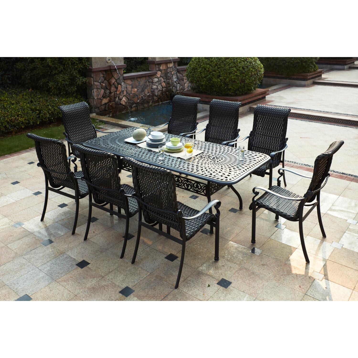 Darlee 501210-9PC-60XLD Victoria 9 Piece Resin Wicker Patio Dining Arm Chair Set W/ 92 X 42 Inch Rectangular Table - Lifestyle thumbnail