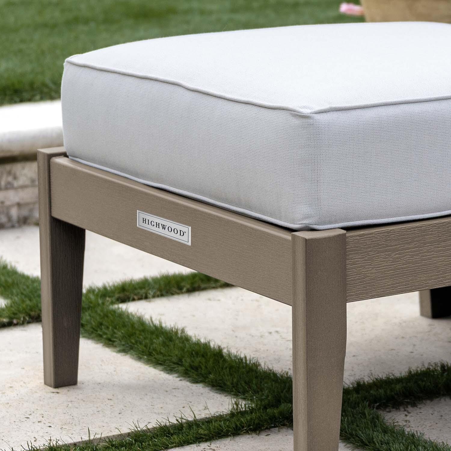 Blushing Bay Recycled Plastic Ottoman in Bliss Linen/Woodland Brown by Lakeview Outdoor Designs - Close Up - Lifestyle thumbnail