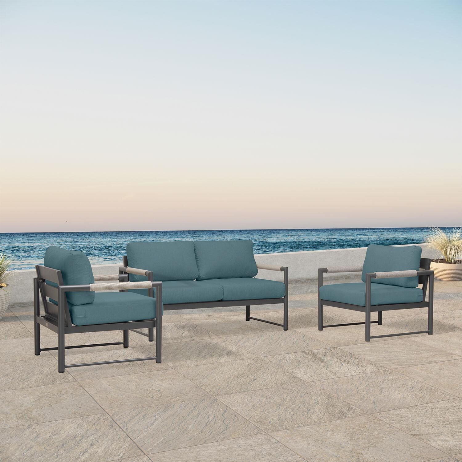 Lakeview AVEBAY-SL-PG-SET120-CL Avenue Bay Slate/Pebble Gray 3 Pc Loveseat Set - Cast Lagoon - Angled On Patio - Lifestyle thumbnail