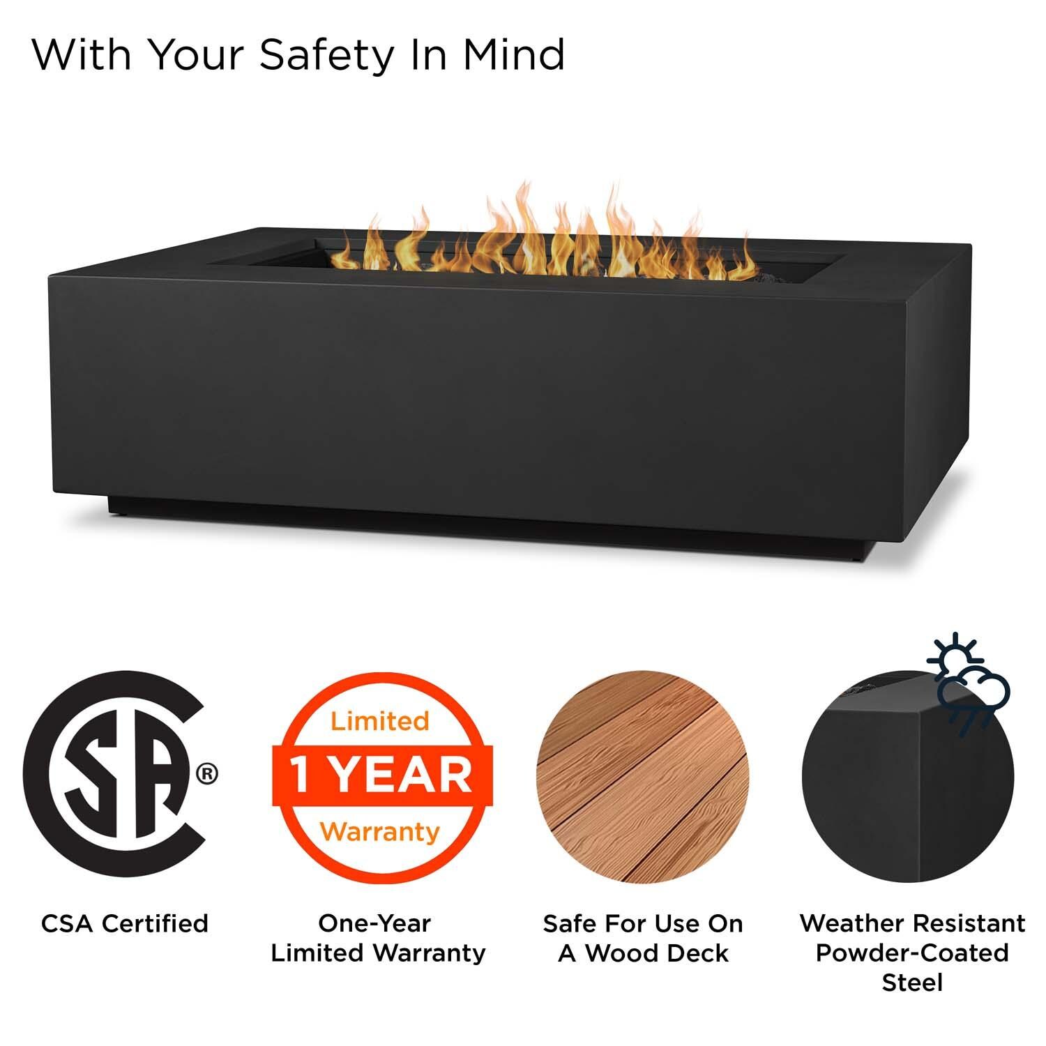 Elysian 50 Inch Rectangular Powder Coated Steel Propane Fire Pit Table in Black by Lakeview Outdoor Designs - Safety thumbnail