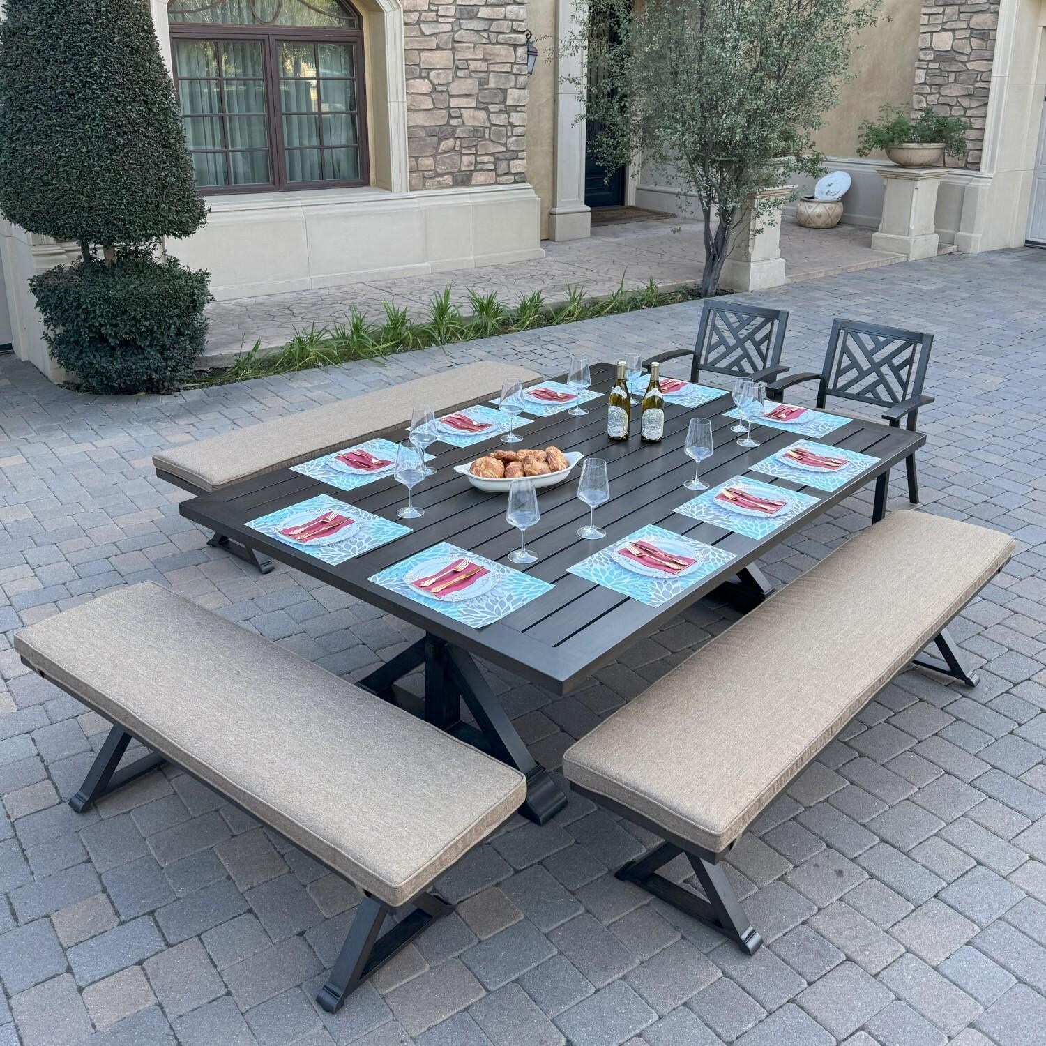 Brooklyn 6 Pc Aluminum Dining Set w/ 88 X 59 Inch Table in Sesame/Multi-brown by Darlee - Hero - Lifestyle thumbnail